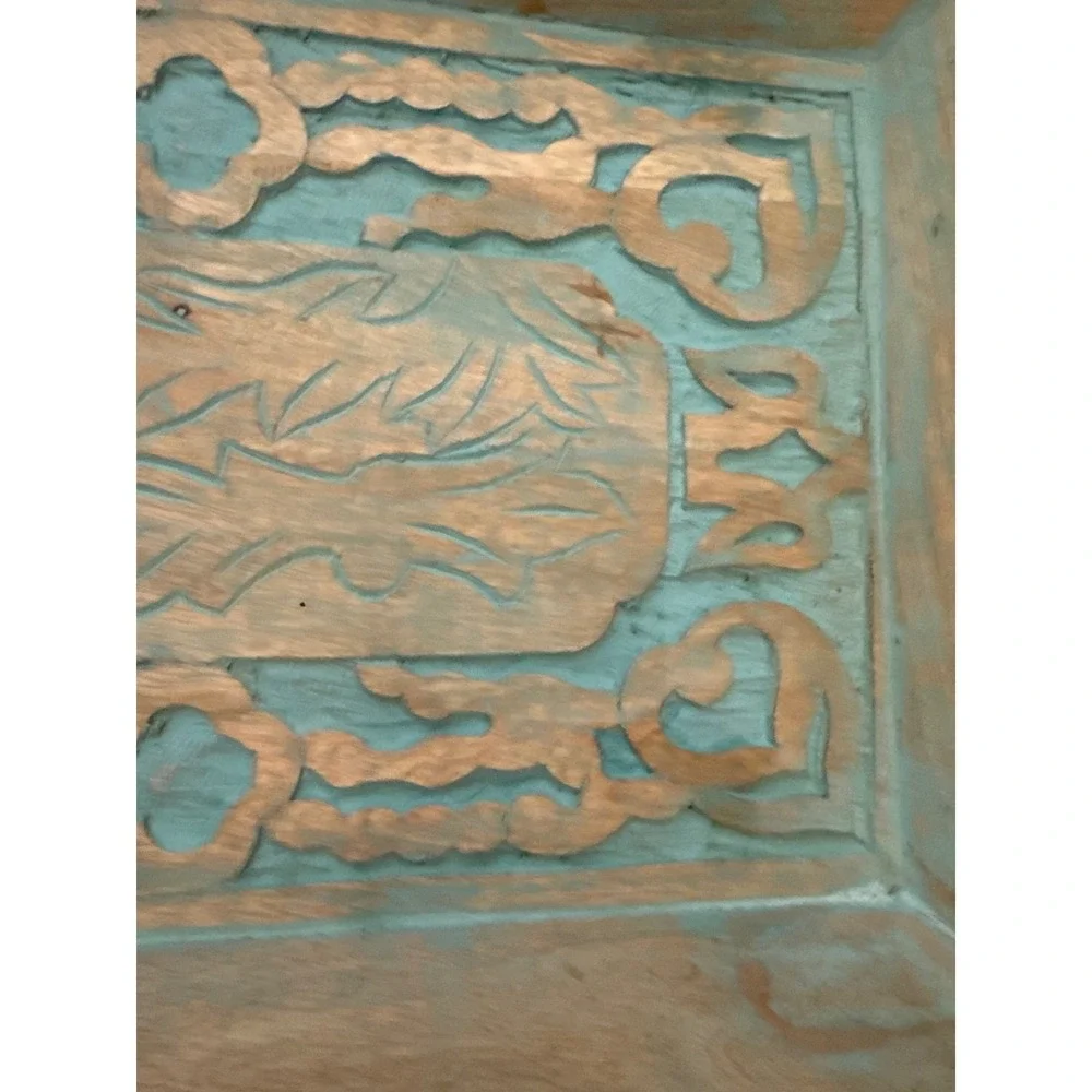 Hand Carved Wooden Nesting Tray Set Distressed Teal Blue‎ Rustic Decorative 2pc